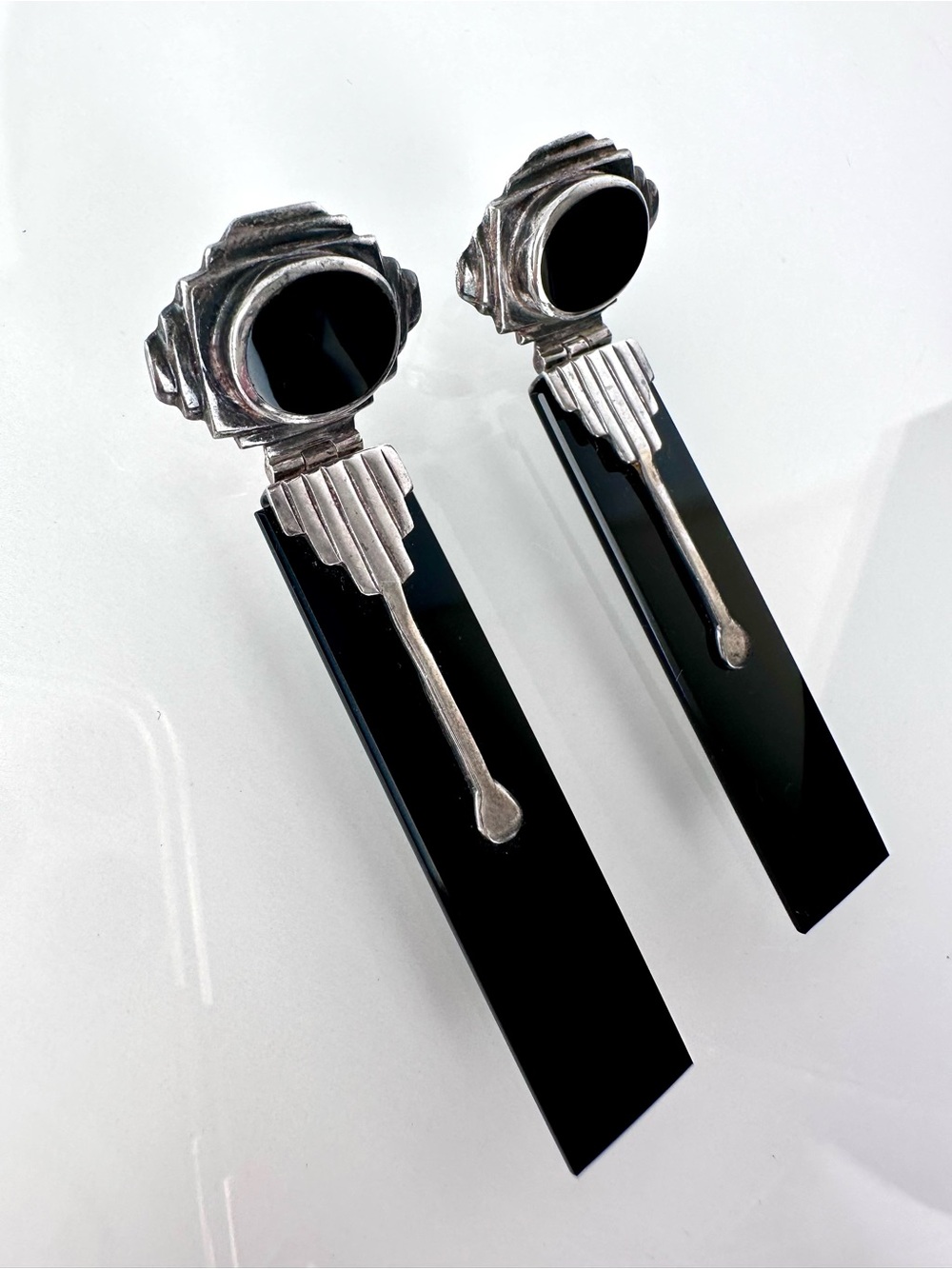 Vintage 925 Sterling Silver Black Onyx Art Deco Architectural Earrings - Picture 7 of 12